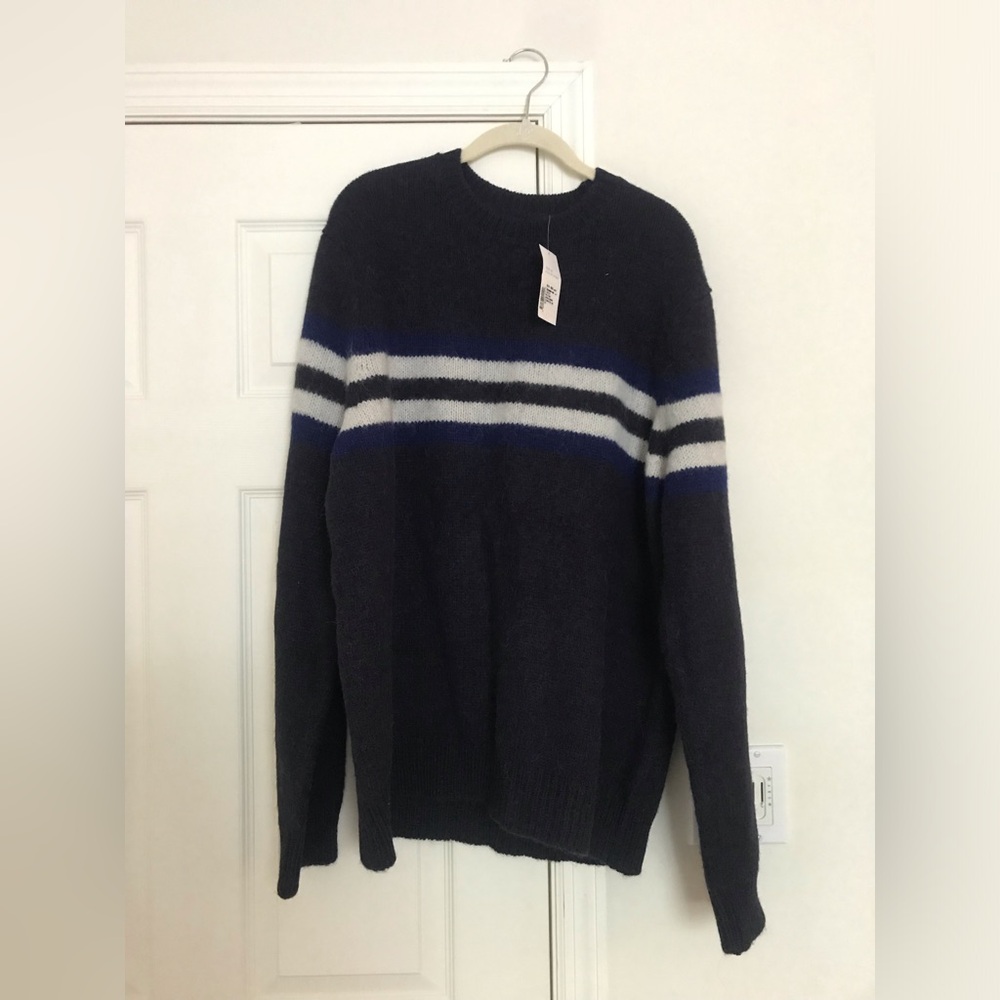 NWT Vince Alpaca Wool Crew Striped Sweater Coastal and Navy Blue XL